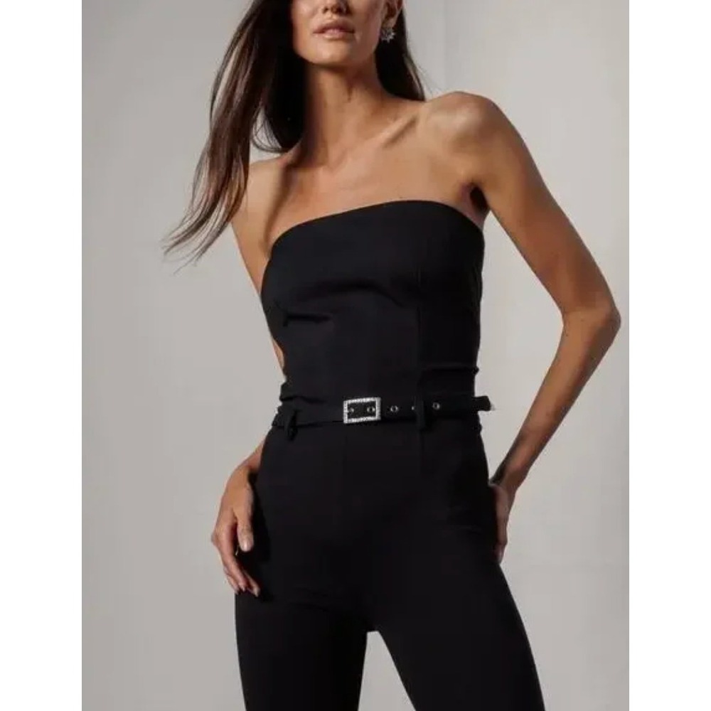 Generation‎ Love Women's Tessa Ponte Jumpsuit 2 Black Fitted Stretch Belted NEW
